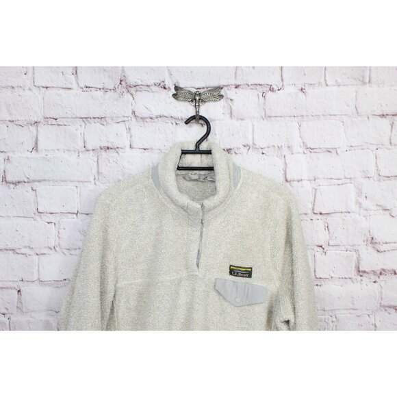 LL Bean Hi-Pile Fleece Pullover Quarter Snap Kangaroo pocket Cream L - Picture 2 of 12